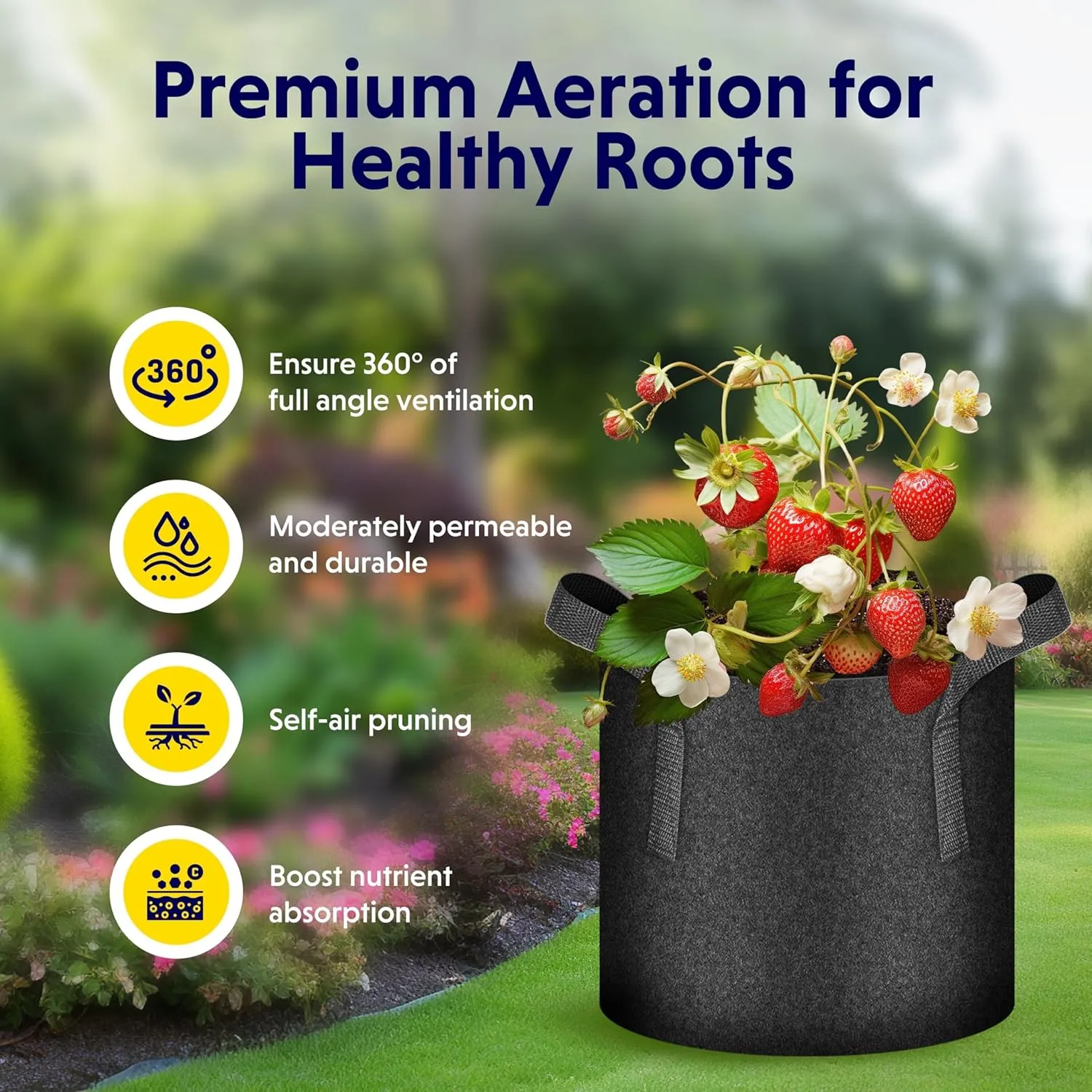 iPower 5-Pack 1 Gallon Plant Grow Bags Thickened Nonwoven Aeration Fabric Pots Heavy Duty Durable Container, Strap Handles for Garden, Black New
