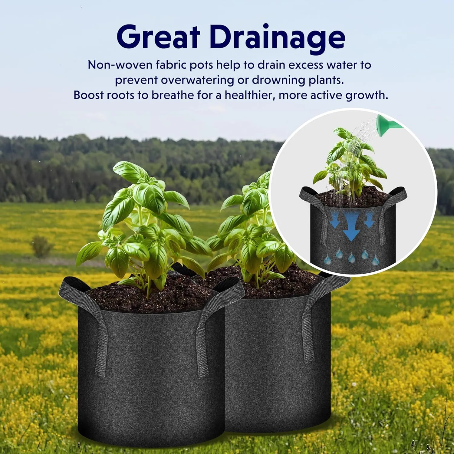 iPower 5-Pack 10 Gallon Plant Grow Bags Thickened Nonwoven Aeration Fabric Pots Heavy Duty Durable Container, Strap Handles for Garden, Black New