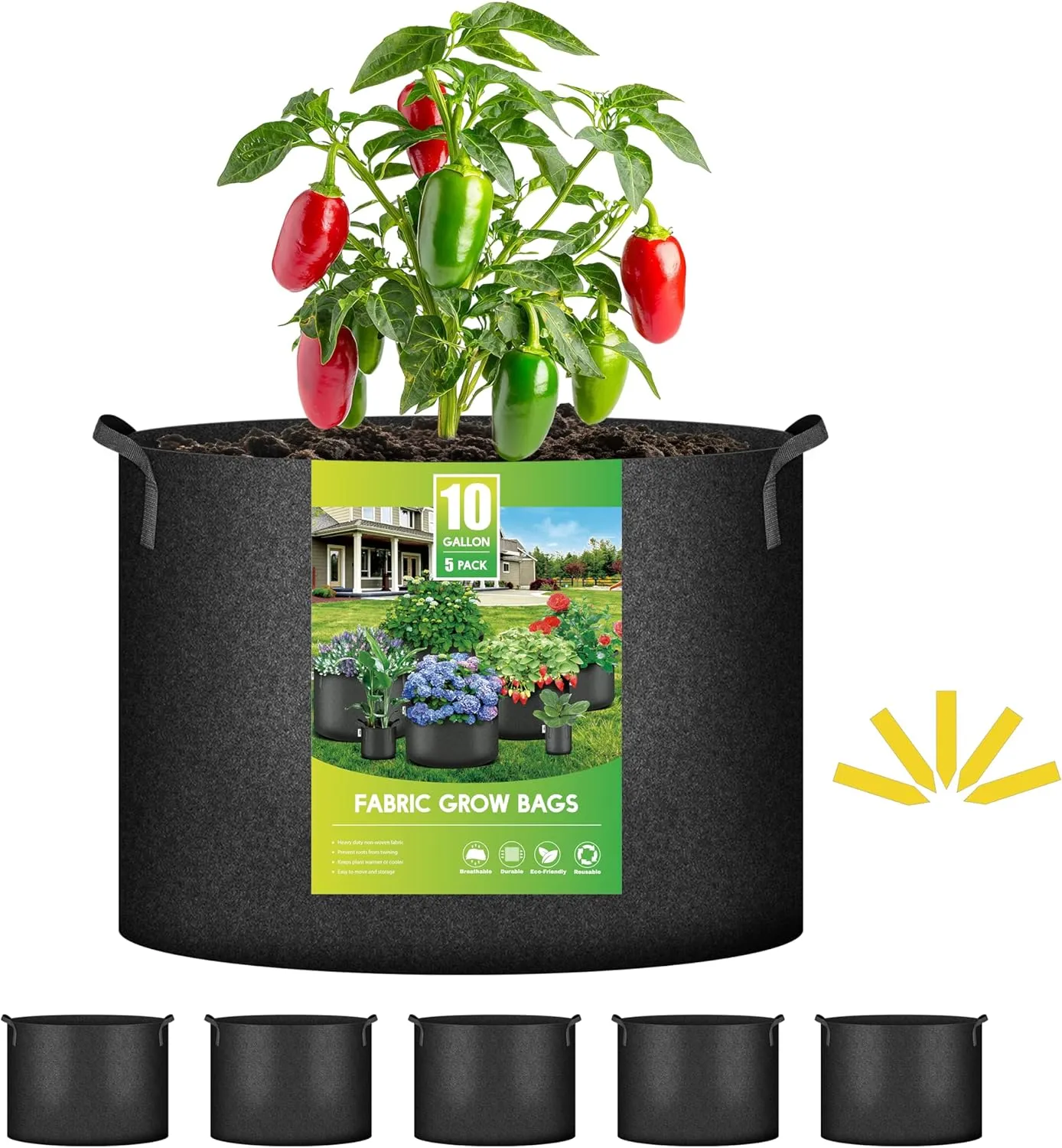 iPower 5-Pack 10 Gallon Plant Grow Bags Thickened Nonwoven Aeration Fabric Pots Heavy Duty Durable Container, Strap Handles for Garden, Black New