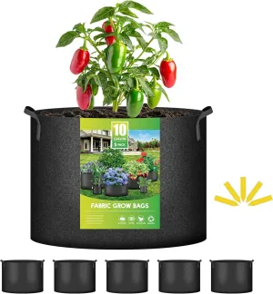 iPower 5-Pack 10 Gallon Plant Grow Bags Thickened Nonwoven Aeration Fabric Pots Heavy Duty Durable Container, Strap Handles for Garden, Black New