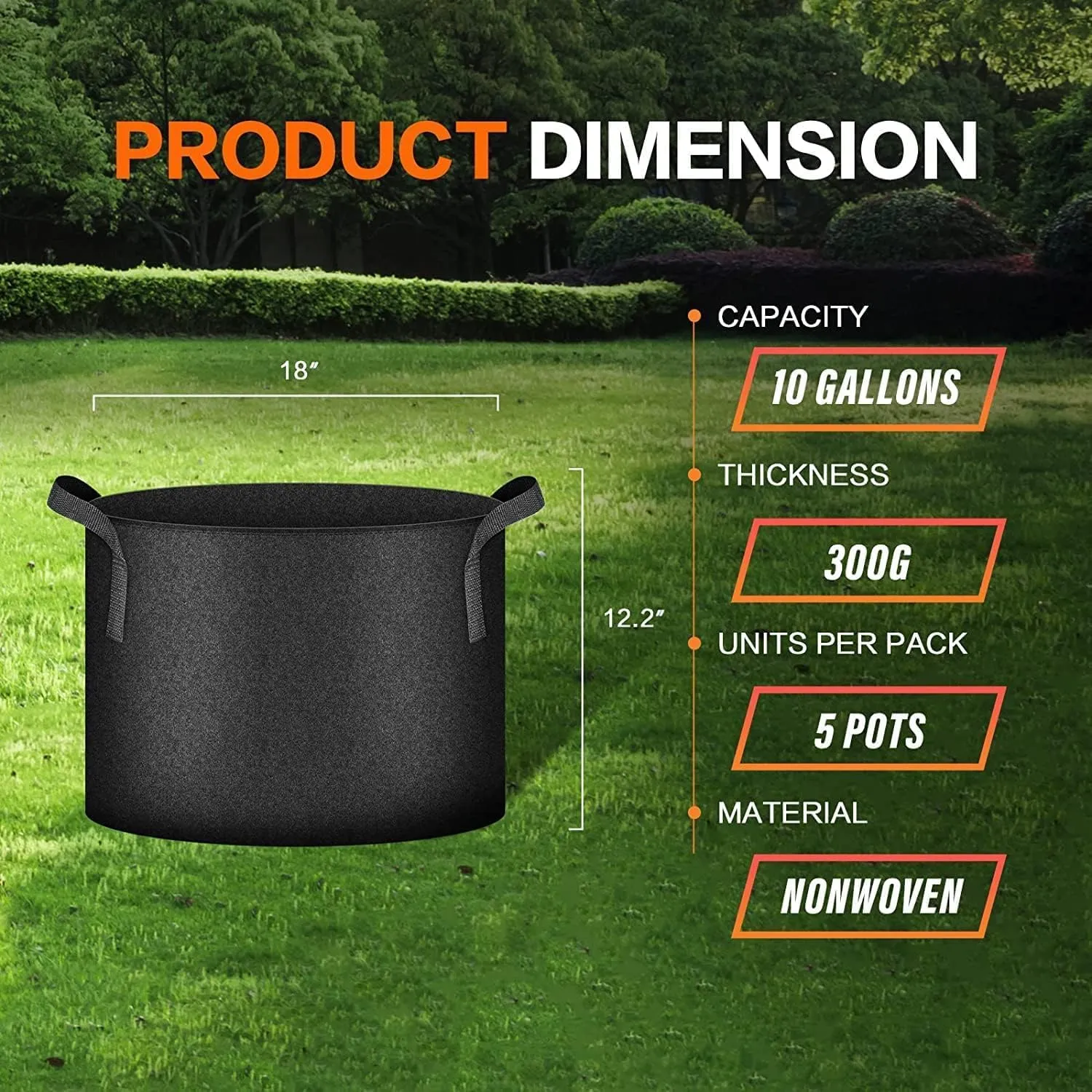 iPower 5-Pack 10 Gallon Plant Grow Bags Thickened Nonwoven Aeration Fabric Pots Heavy Duty Durable Container, Strap Handles for Garden, Black