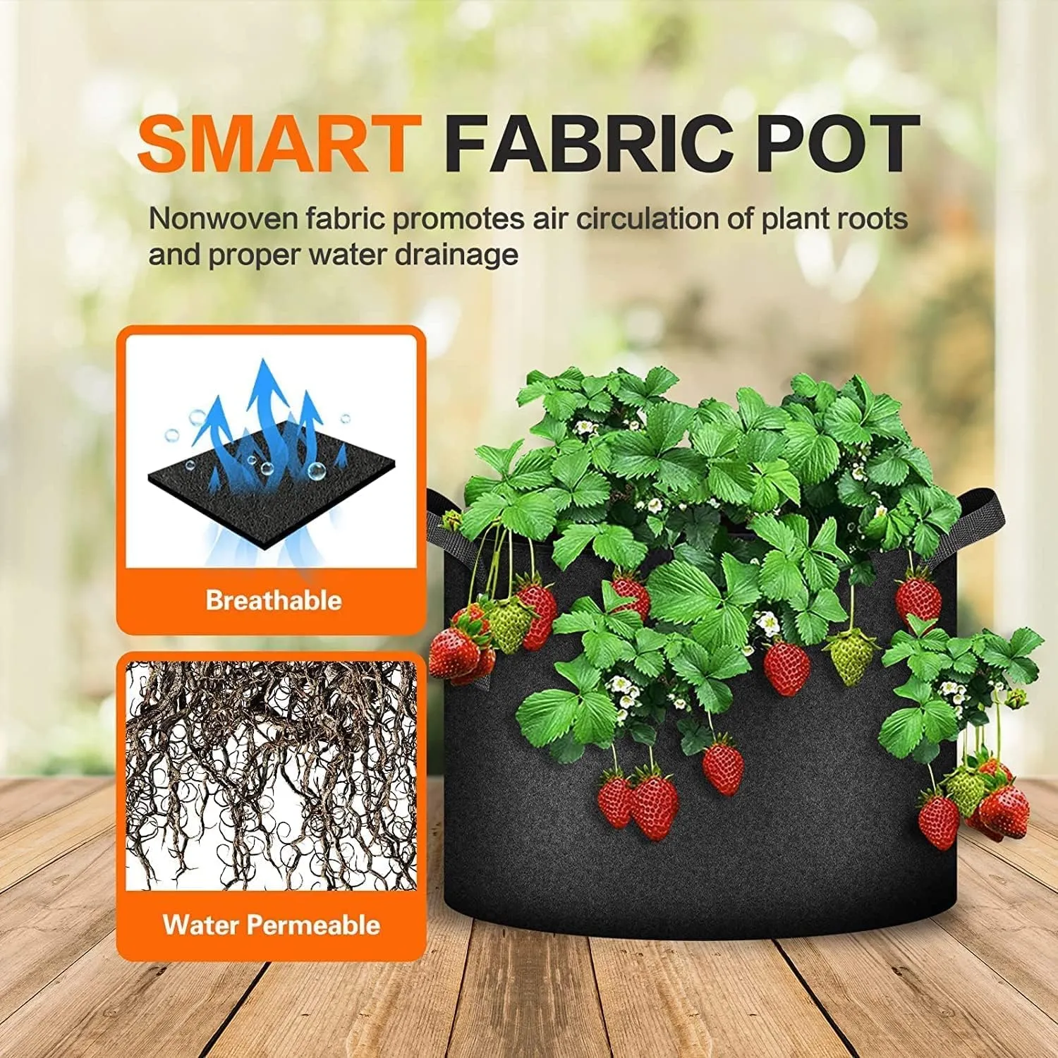 iPower 5-Pack 10 Gallon Plant Grow Bags Thickened Nonwoven Aeration Fabric Pots Heavy Duty Durable Container, Strap Handles for Garden, Black