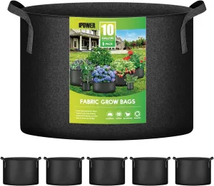 iPower 5-Pack 10 Gallon Plant Grow Bags Thickened Nonwoven Aeration Fabric Pots Heavy Duty Durable Container, Strap Handles for Garden, Black