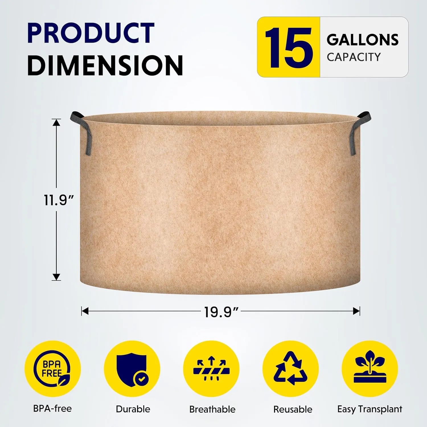 iPower 5-Pack 15 Gallon Plant Grow Bags Thickened Nonwoven Aeration Fabric Pots Heavy Duty Durable Container, Strap Handles for Garden, Tan