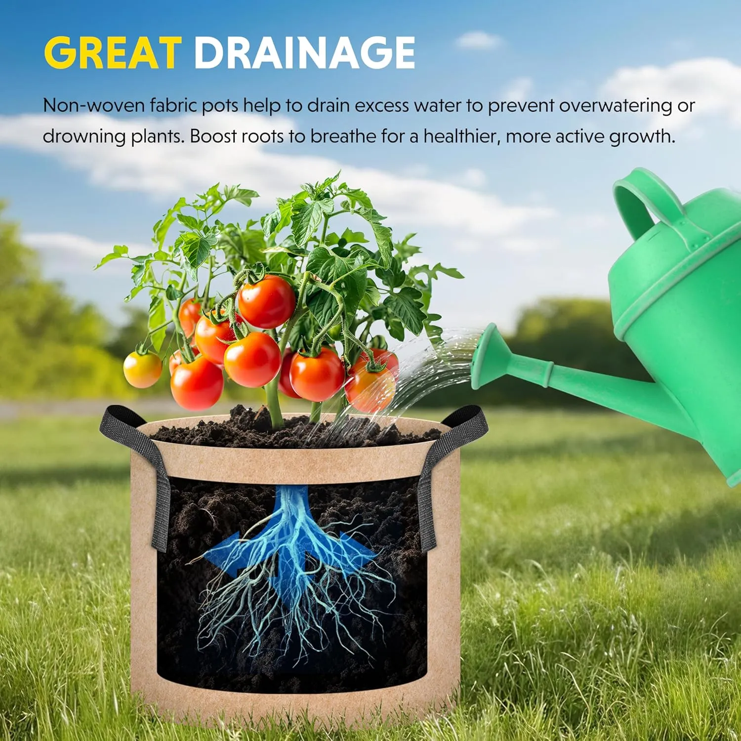 iPower 5-Pack 15 Gallon Plant Grow Bags Thickened Nonwoven Aeration Fabric Pots Heavy Duty Durable Container, Strap Handles for Garden, Tan
