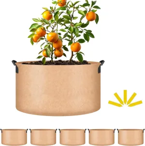 iPower 5-Pack 15 Gallon Plant Grow Bags Thickened Nonwoven Aeration Fabric Pots Heavy Duty Durable Container, Strap Handles for Garden, Tan