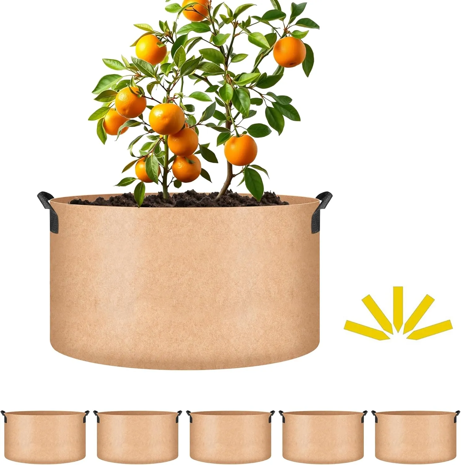 iPower 5-Pack 15 Gallon Plant Grow Bags Thickened Nonwoven Aeration Fabric Pots Heavy Duty Durable Container, Strap Handles for Garden, Tan