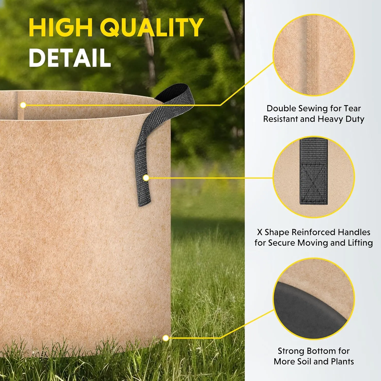 iPower 5-Pack 15 Gallon Plant Grow Bags Thickened Nonwoven Aeration Fabric Pots Heavy Duty Durable Container, Strap Handles for Garden, Tan