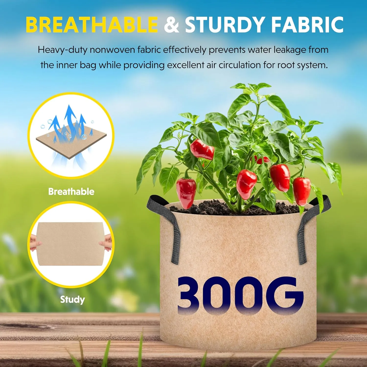 iPower 5-Pack 15 Gallon Plant Grow Bags Thickened Nonwoven Aeration Fabric Pots Heavy Duty Durable Container, Strap Handles for Garden, Tan