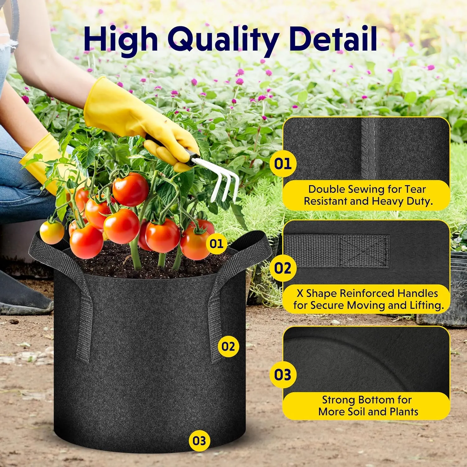 iPower 5-Pack 25 Gallon Plant Grow Bags Thickened Nonwoven Aeration Fabric Pots Heavy Duty Durable Container, Strap Handles for Garden, Black