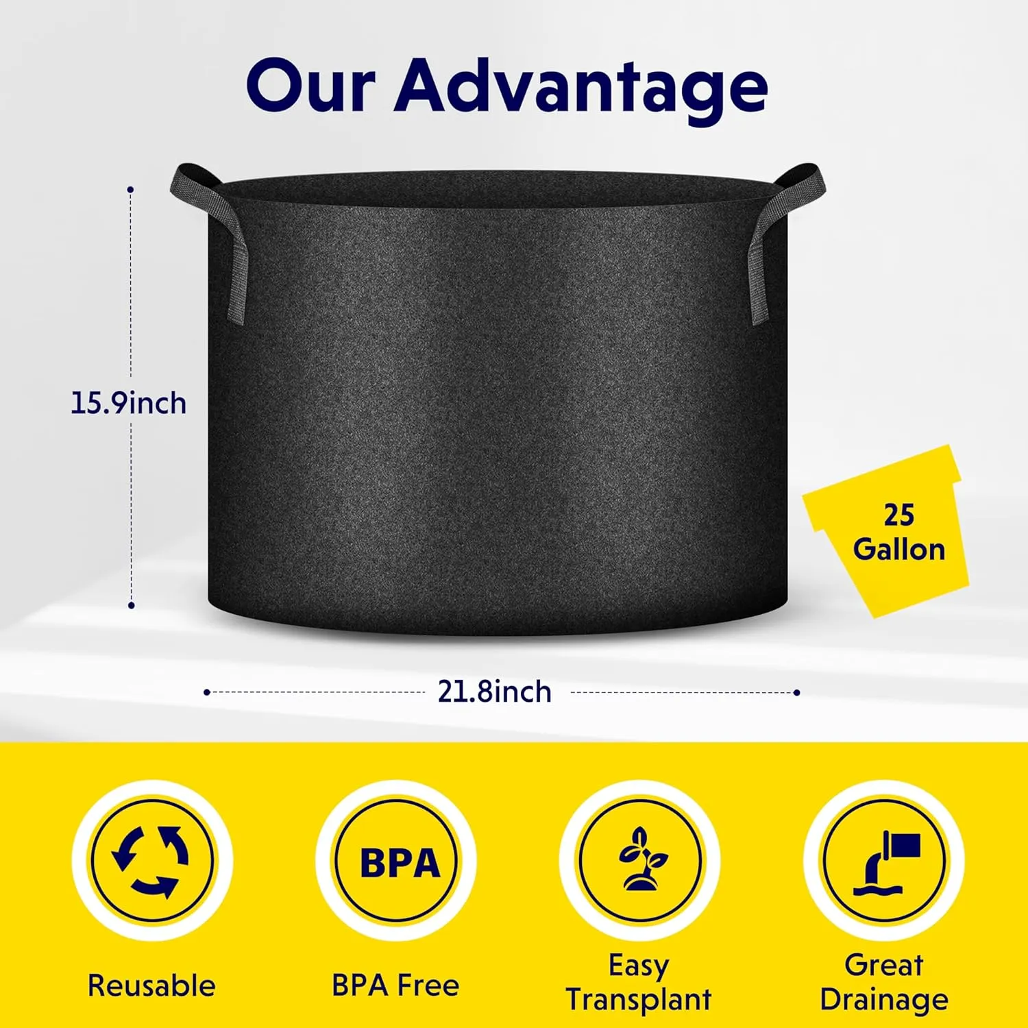 iPower 5-Pack 25 Gallon Plant Grow Bags Thickened Nonwoven Aeration Fabric Pots Heavy Duty Durable Container, Strap Handles for Garden, Black