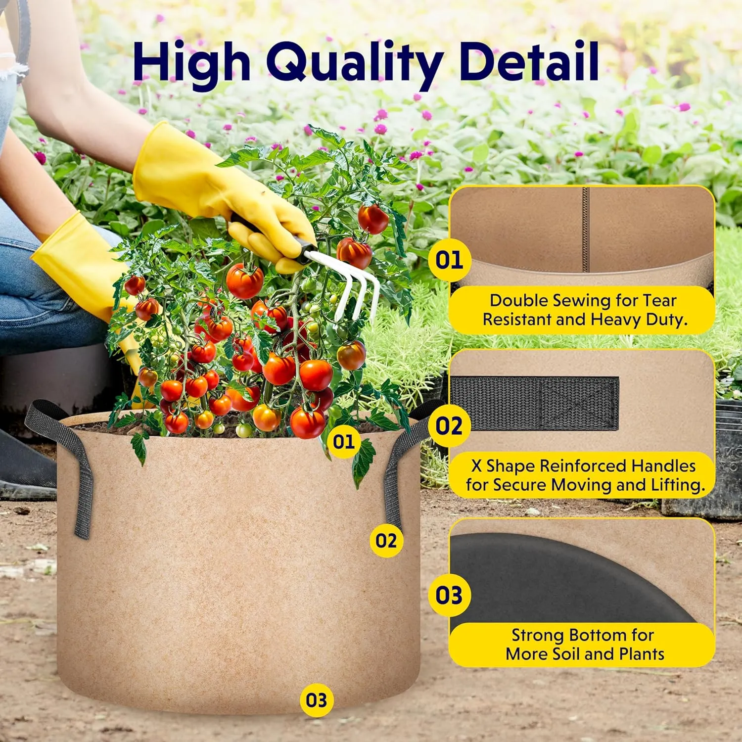 iPower 5-Pack 25 Gallon Plant Grow Bags Thickened Nonwoven Aeration Fabric Pots Heavy Duty Durable Container, Strap Handles for Garden, Tan New