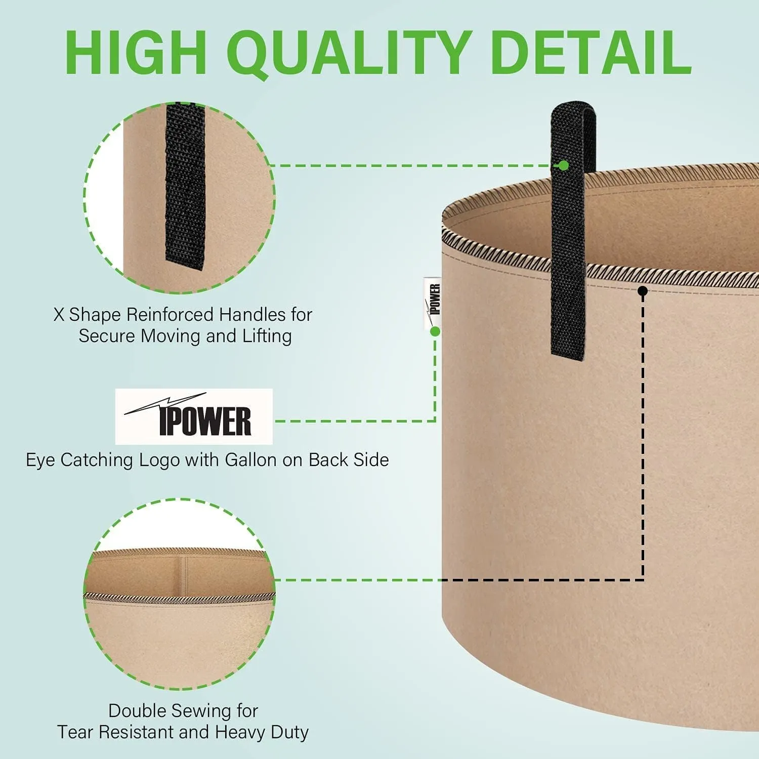 iPower 5-Pack 25 Gallon Plant Grow Bags Thickened Nonwoven Aeration Fabric Pots Heavy Duty Durable Container, Strap Handles for Garden, Tan