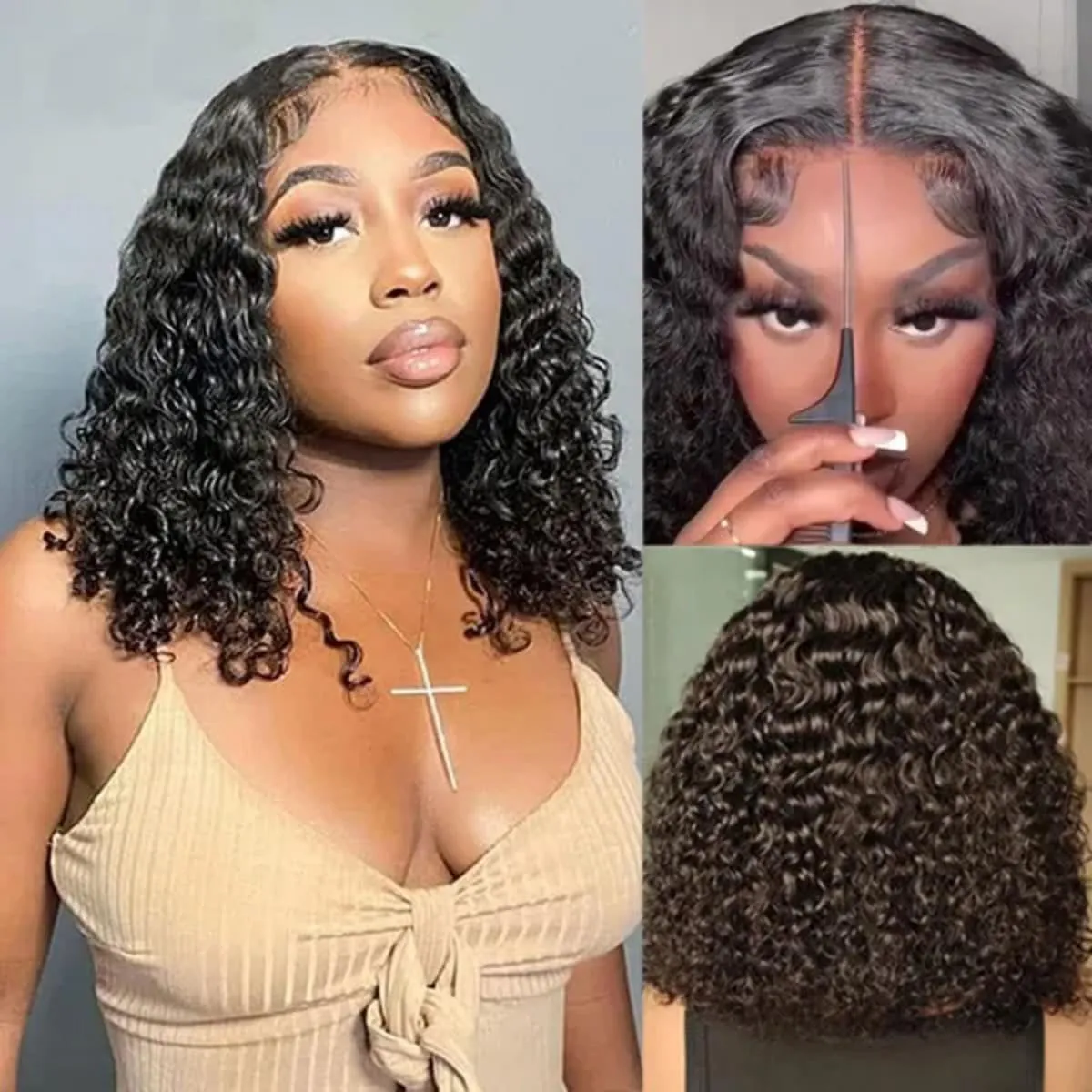 ISEE Hair Wear and Go Glueless Wigs Bob Wigs Human Hair Pre Plucked Water Wave Lace Front Wigs Human Hair Upgraded No Glue Transparent Lace Closure Wigs Human Hair for Women Natural Black 10 Inch