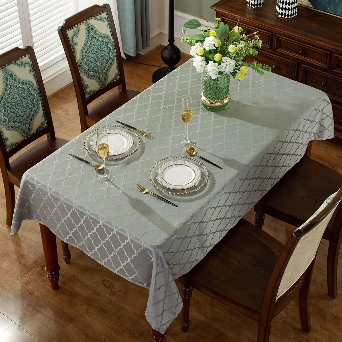 Jacquard Tablecloth Flower Pattern Polyester Table Cloth Spill Proof Dust-Proof Wrinkle Resistant Table Cover for Kitchen Dining Tabletop Decoration (Rectangle/Oblong, 60" x 84" (6-8 Seats),Gray)