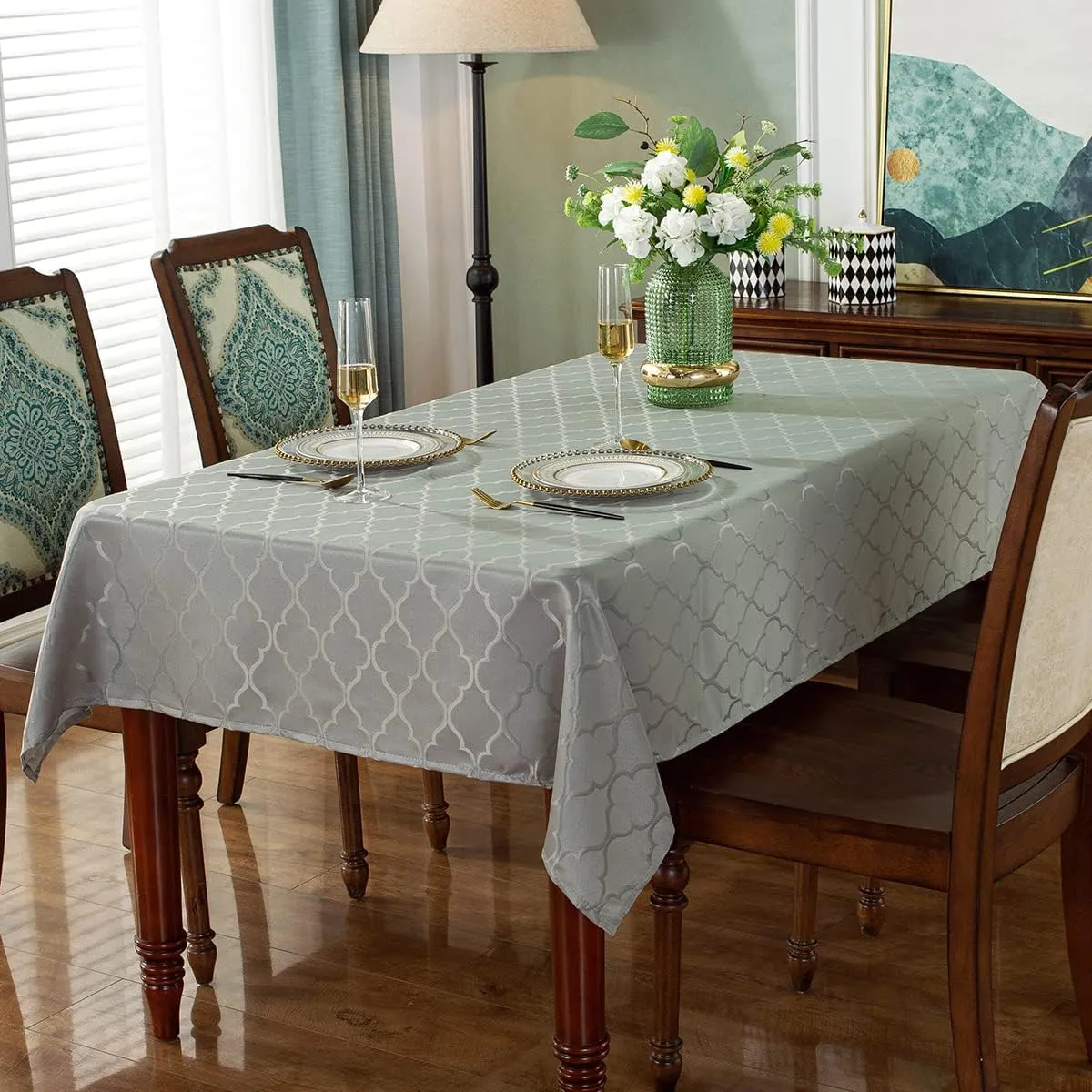 Jacquard Tablecloth Flower Pattern Polyester Table Cloth Spill Proof Dust-Proof Wrinkle Resistant Table Cover for Kitchen Dining Tabletop Decoration (Rectangle/Oblong, 60" x 84" (6-8 Seats),Gray)