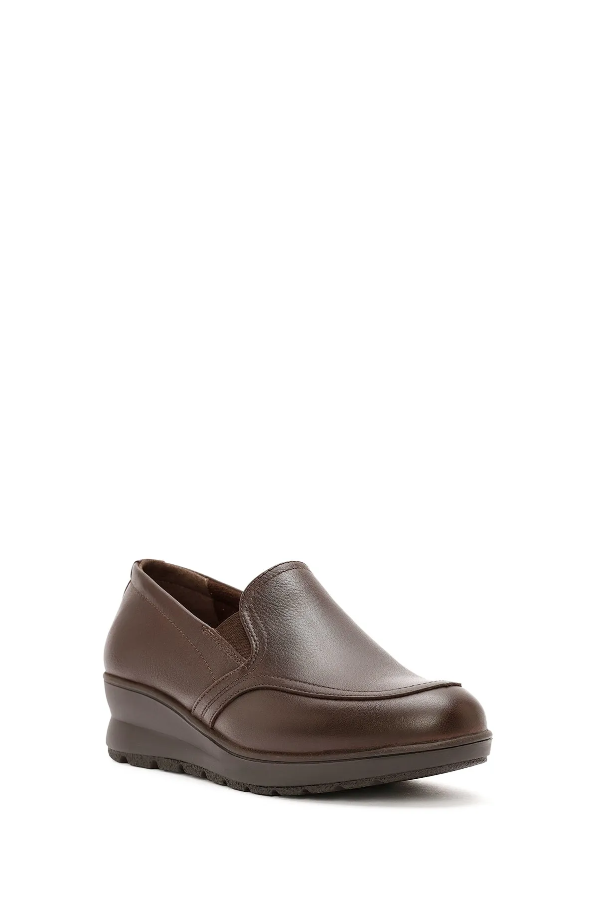 Kadın Kahverengi Dolgu Topuklu Deri Comfort Loafer