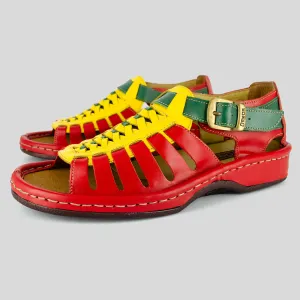 Kgosi : Leather Sandal in Red, Yellow and Sage Soft Saddle