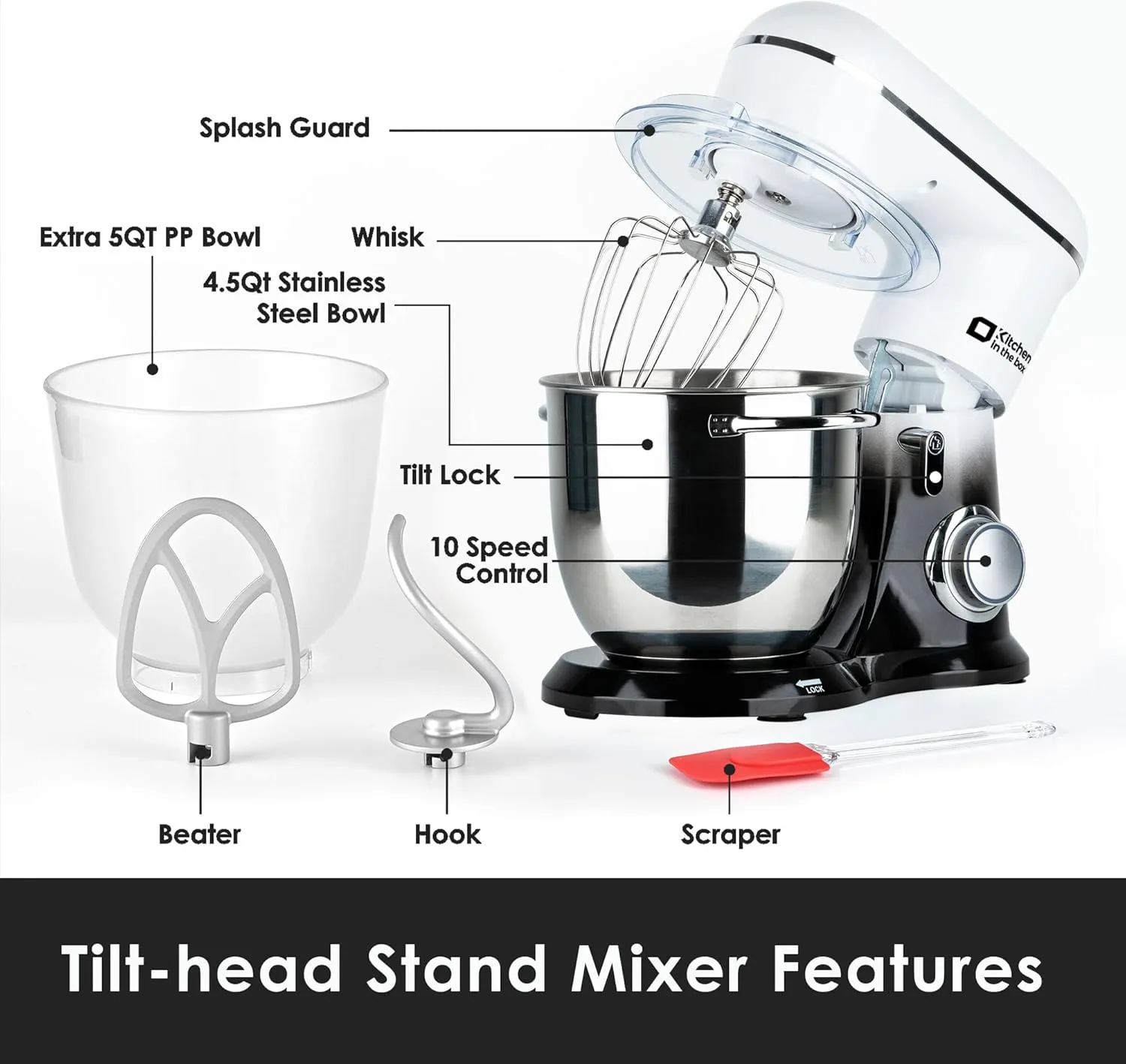 Kitchen in the box Stand Mixer, 5QT   4.5QT Two bowls Electric Food Mixer, 10 Speeds Kitchen Mixer for Daily Use with Egg Whisk,Dough Hook,Flat Beater (Gradient Black, 5QT)