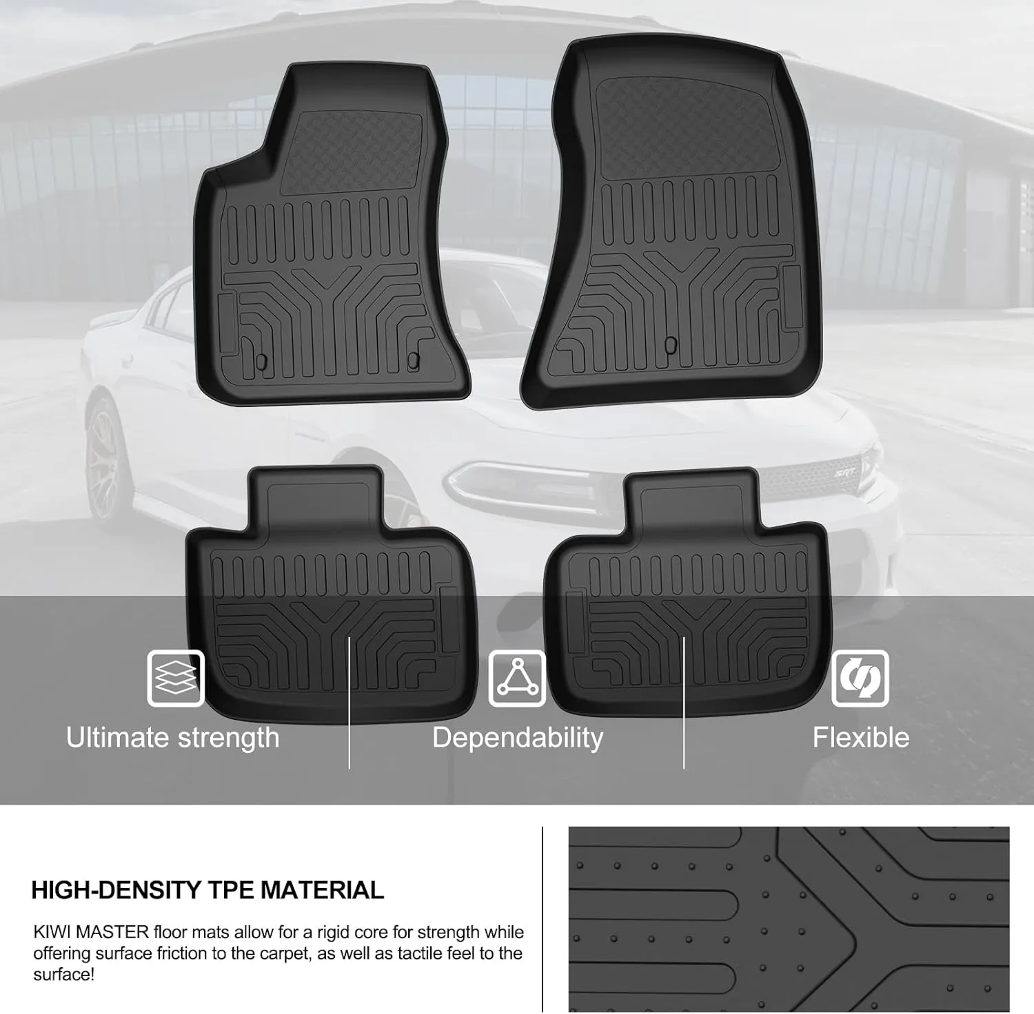 KIWI MASTER Floor Mats for 2011-2023 Dodge Charger RWD/Chrysler 300 RWD All Weather Custom Fit Mat Front & Rear 2 Row Seat TPE Slush Liners Set Black