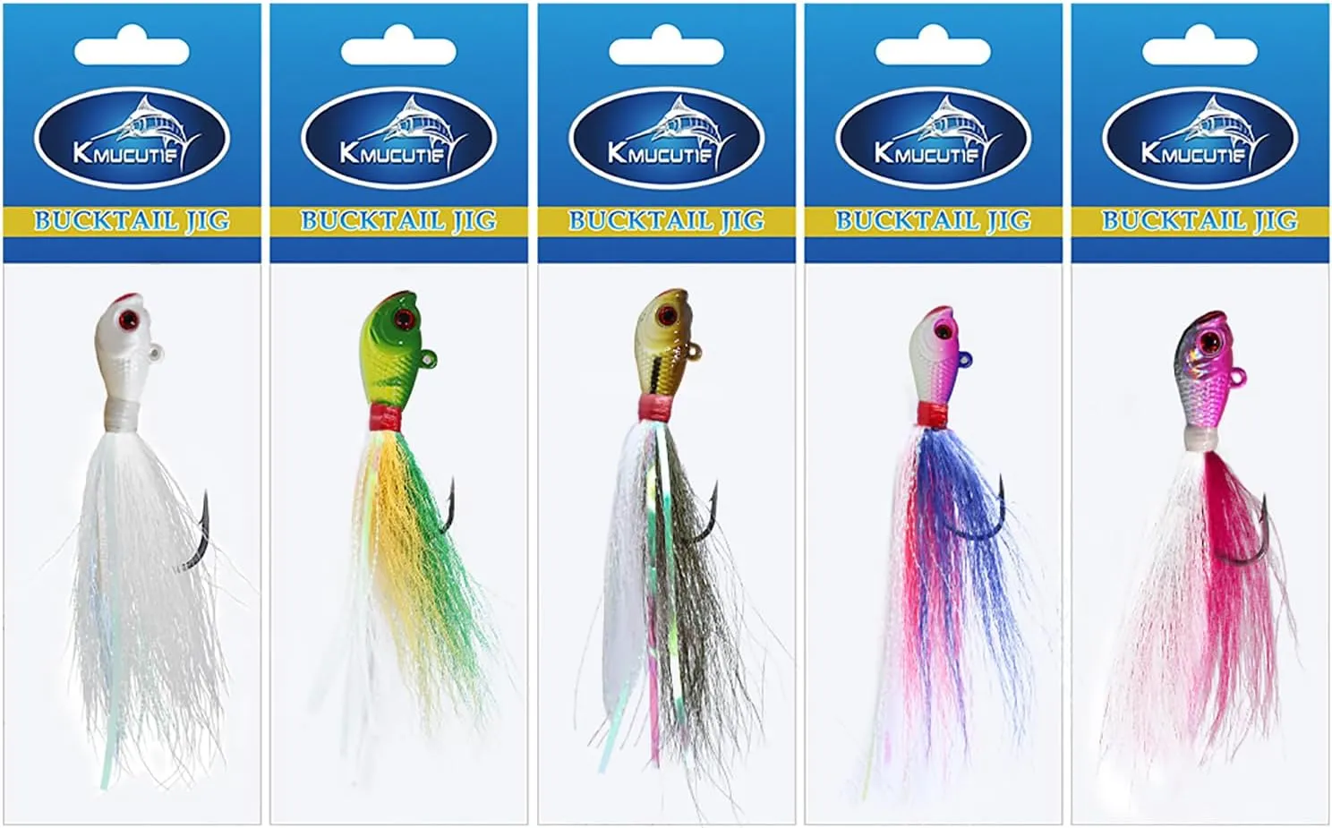 kmucutie 5 pcs deer tail hair bucktail Jigs saltwater or freshwater bait,for bass flounder fluke striper fishing lure