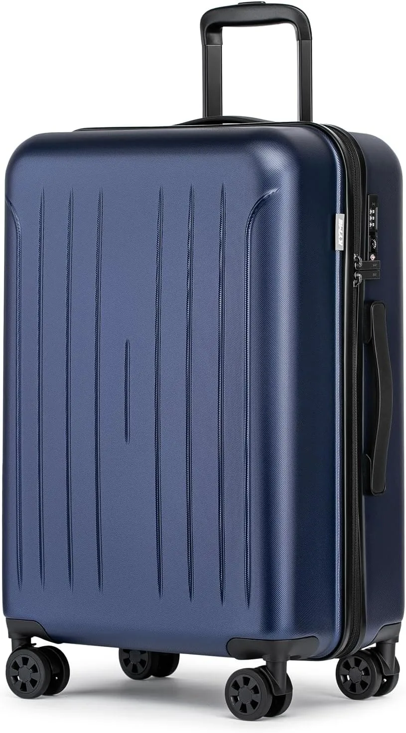 KYME 24 Inch Checked Luggage, Medium Hard Shell Suitcase with TSA Lock, Double Spinner Wheels, Durable PC ABS, Navy