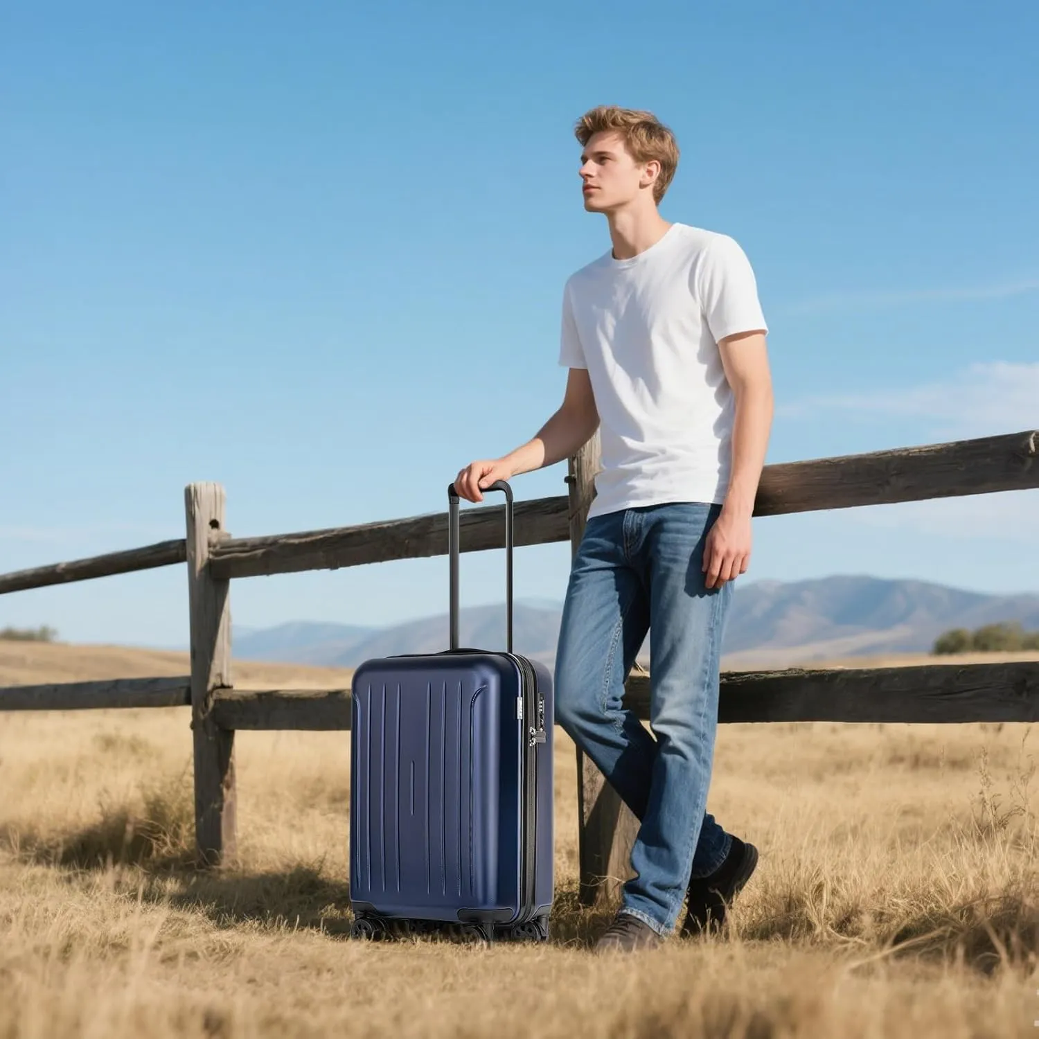 KYME 24 Inch Checked Luggage, Medium Hard Shell Suitcase with TSA Lock, Double Spinner Wheels, Durable PC ABS, Navy
