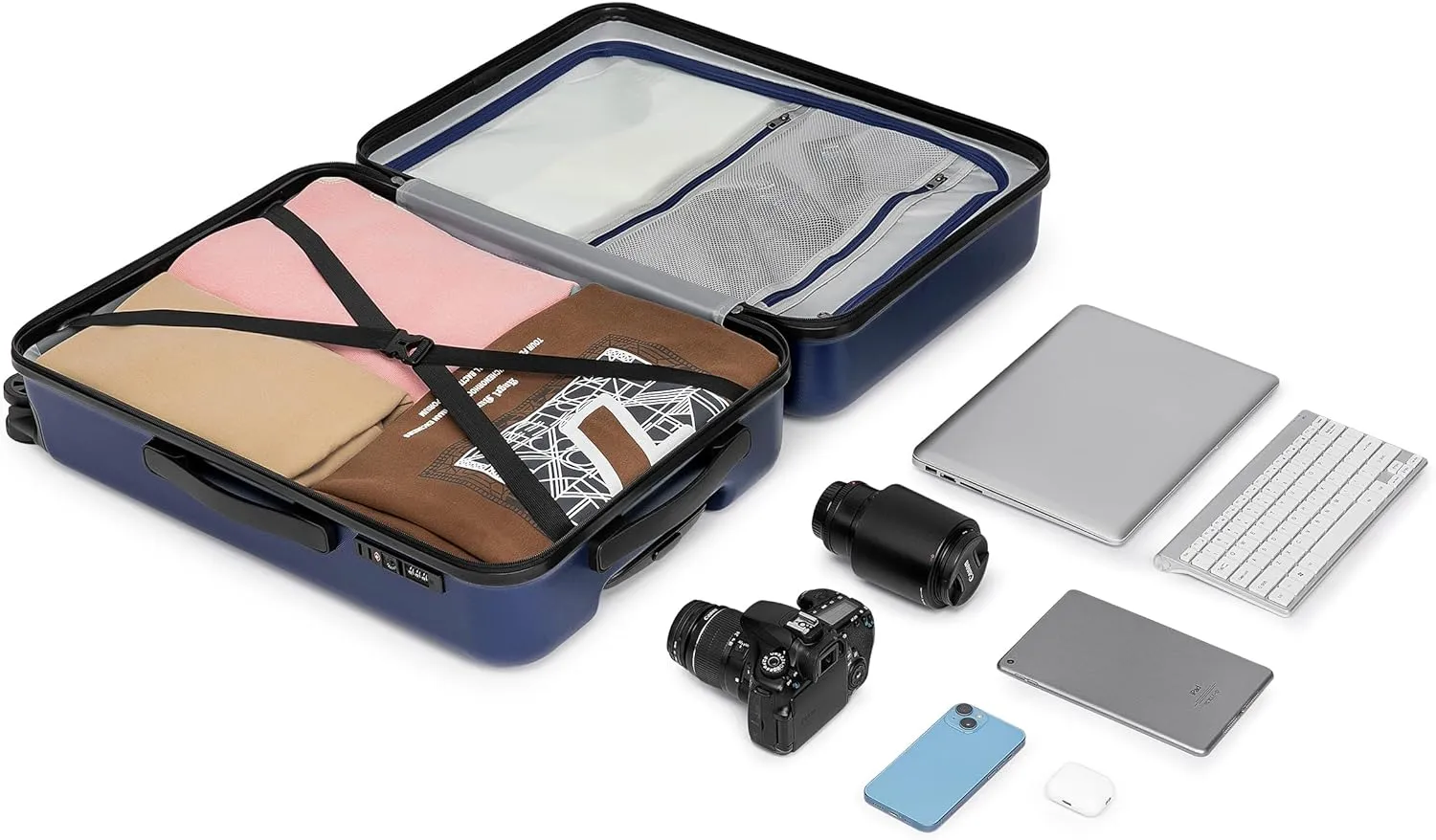 KYME 24 Inch Checked Luggage, Medium Hard Shell Suitcase with TSA Lock, Double Spinner Wheels, Durable PC ABS, Navy