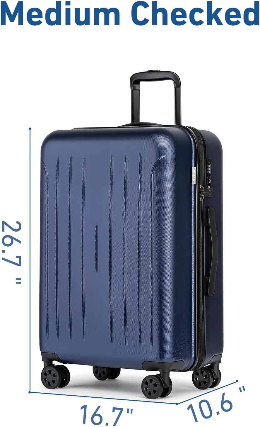 KYME 24 Inch Checked Luggage, Medium Hard Shell Suitcase with TSA Lock, Double Spinner Wheels, Durable PC ABS, Navy