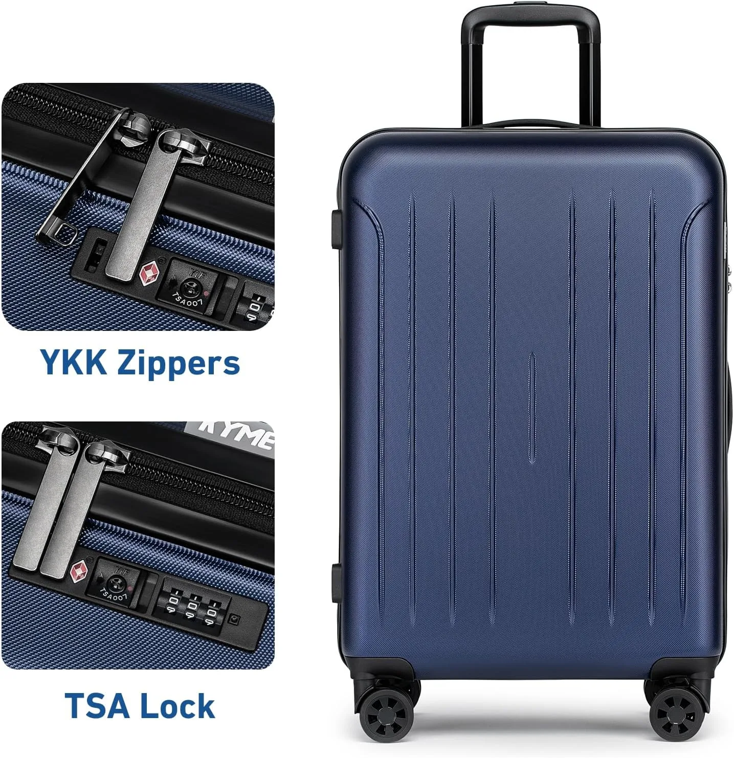 KYME 24 Inch Checked Luggage, Medium Hard Shell Suitcase with TSA Lock, Double Spinner Wheels, Durable PC ABS, Navy