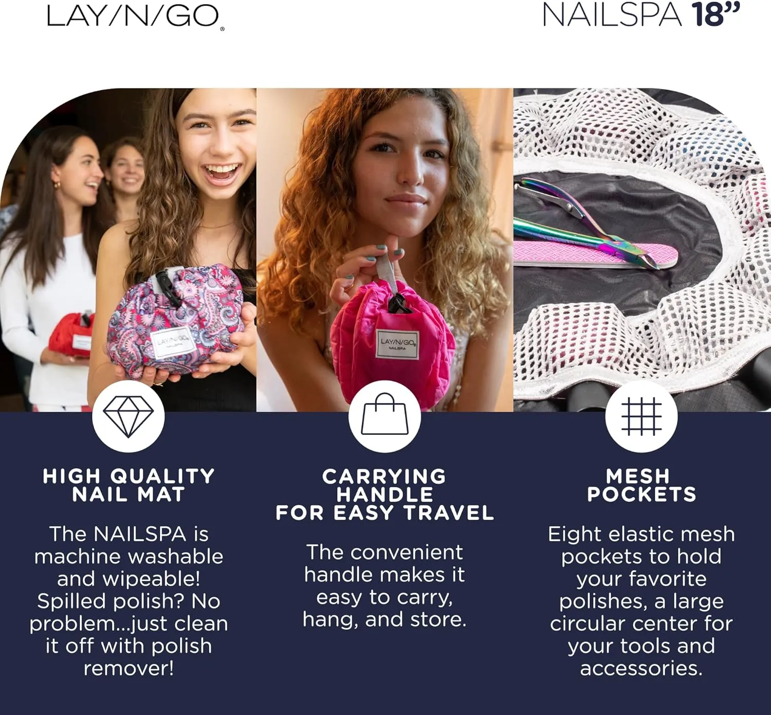 Lay-n-Go NailSpa Drawstring Cosmetic Bag - Portable Nail Supplies Organizer Bag w/ 8 Elastic Mesh Pockets & Circular Center - Durable, Machine Washable Nail Kit Organizer (18", Blue Polka Dot)