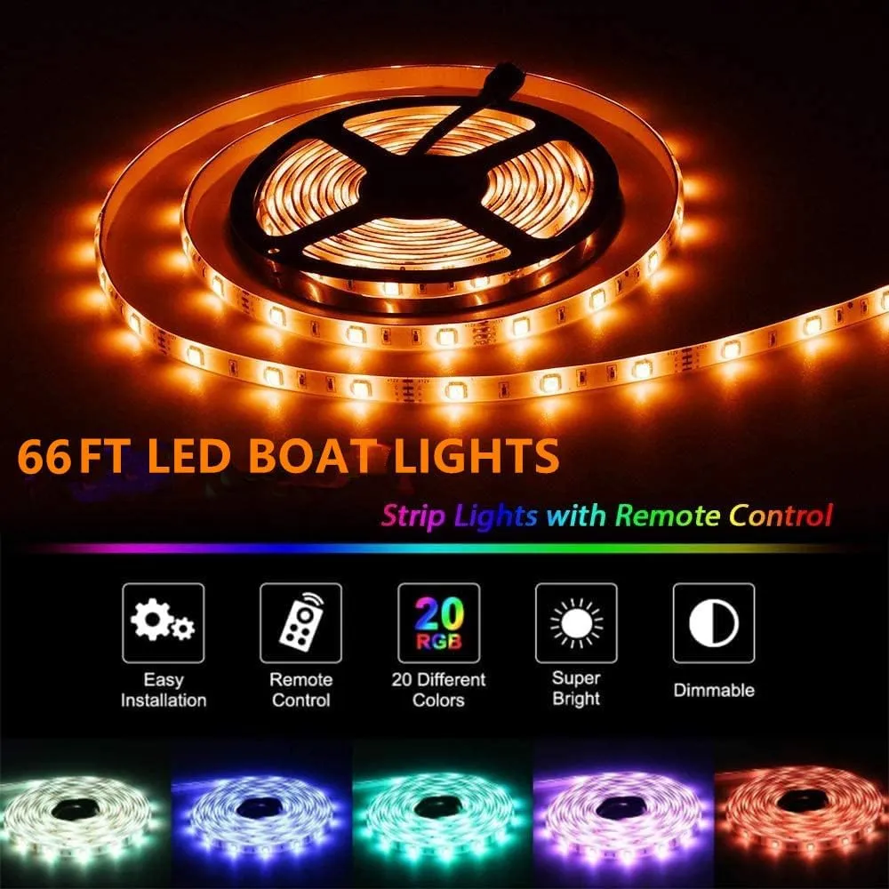 LED Boat Strip Lights, 66FT Multi-Color Marine Pontoon Led Lights, Waterproof Boat Interior Light, Under Gunnel Lights, Boat Deck Light, Night Fishing Lights for Pontoon Fishing Bass Yacht