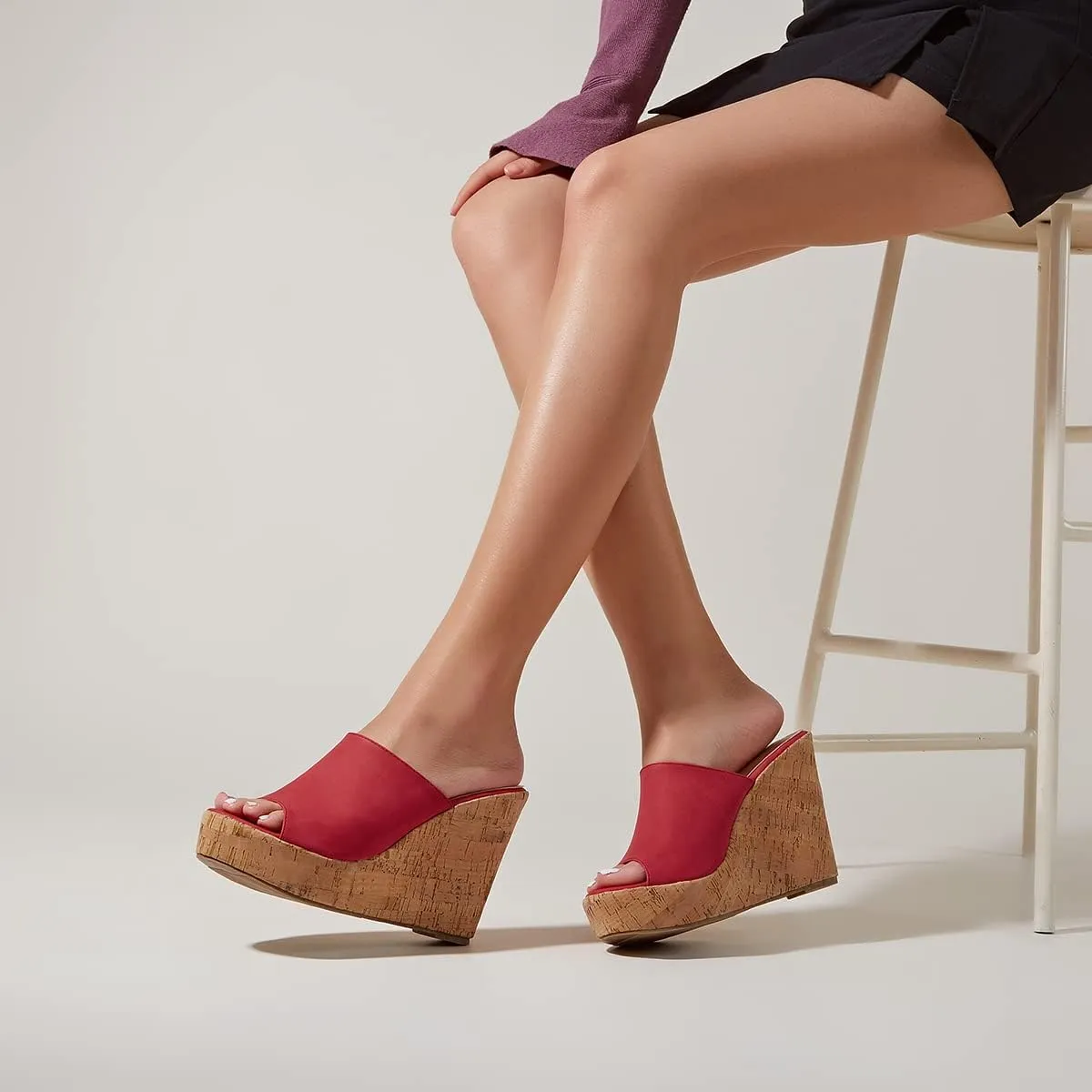 LEHOOR Cork Wedge Mules for Women Platform Slide Sandals Peep Toe, High Wedge 4.5Inch Slippers Microfiber Suede 6-11 M US