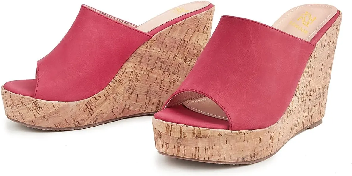 LEHOOR Cork Wedge Mules for Women Platform Slide Sandals Peep Toe, High Wedge 4.5Inch Slippers Microfiber Suede 6-11 M US