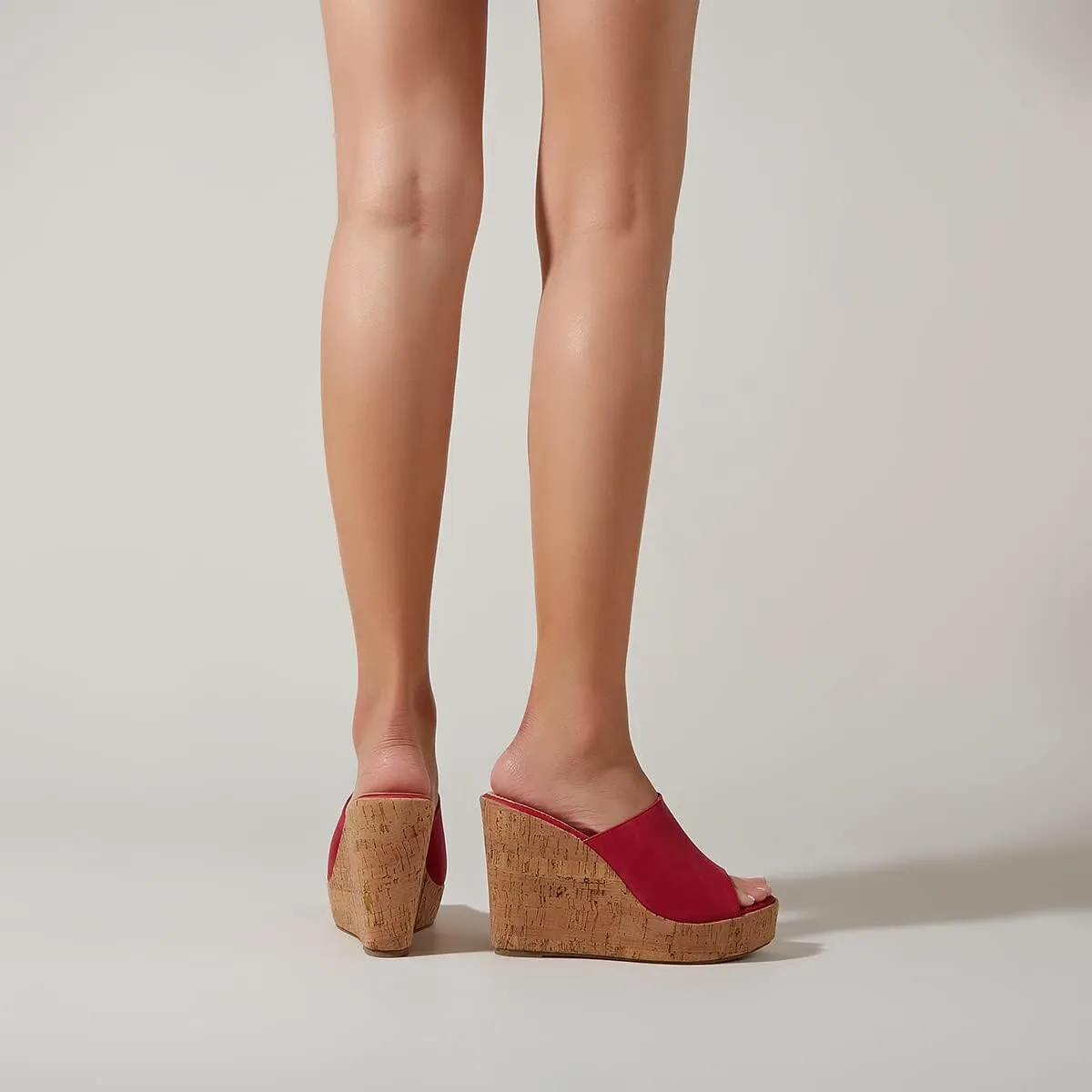 LEHOOR Cork Wedge Mules for Women Platform Slide Sandals Peep Toe, High Wedge 4.5Inch Slippers Microfiber Suede 6-11 M US