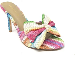LEMONADE Women's Double Bow Frayed Edge Detail Peep Toe Stiletto Heel Mule