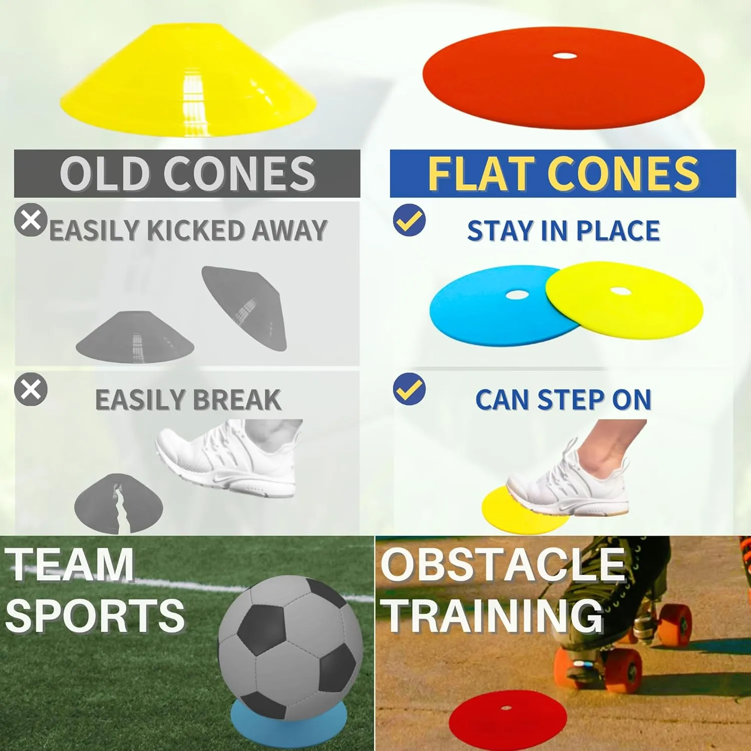 LEZER 6 Inch 8 Inch Flat Cones, Spot Markers, Soccer Cones, Field Court Markers, Sit Spots, Flat Discs, Soccer Training Equipment, Agility Practice, Football, Made in Taiwan