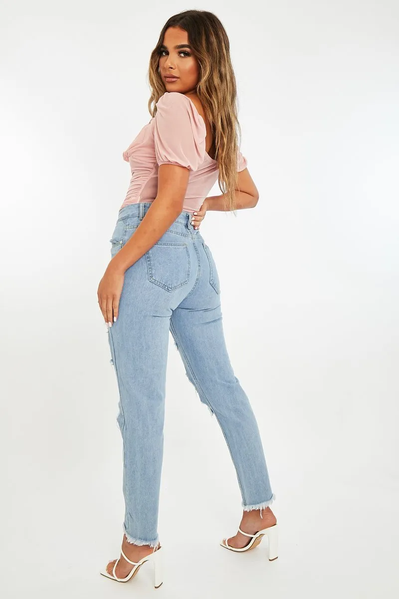 Light High-value Blue Straight Mom Frayed Rip Erin Distressed - Clear guidance Jeans