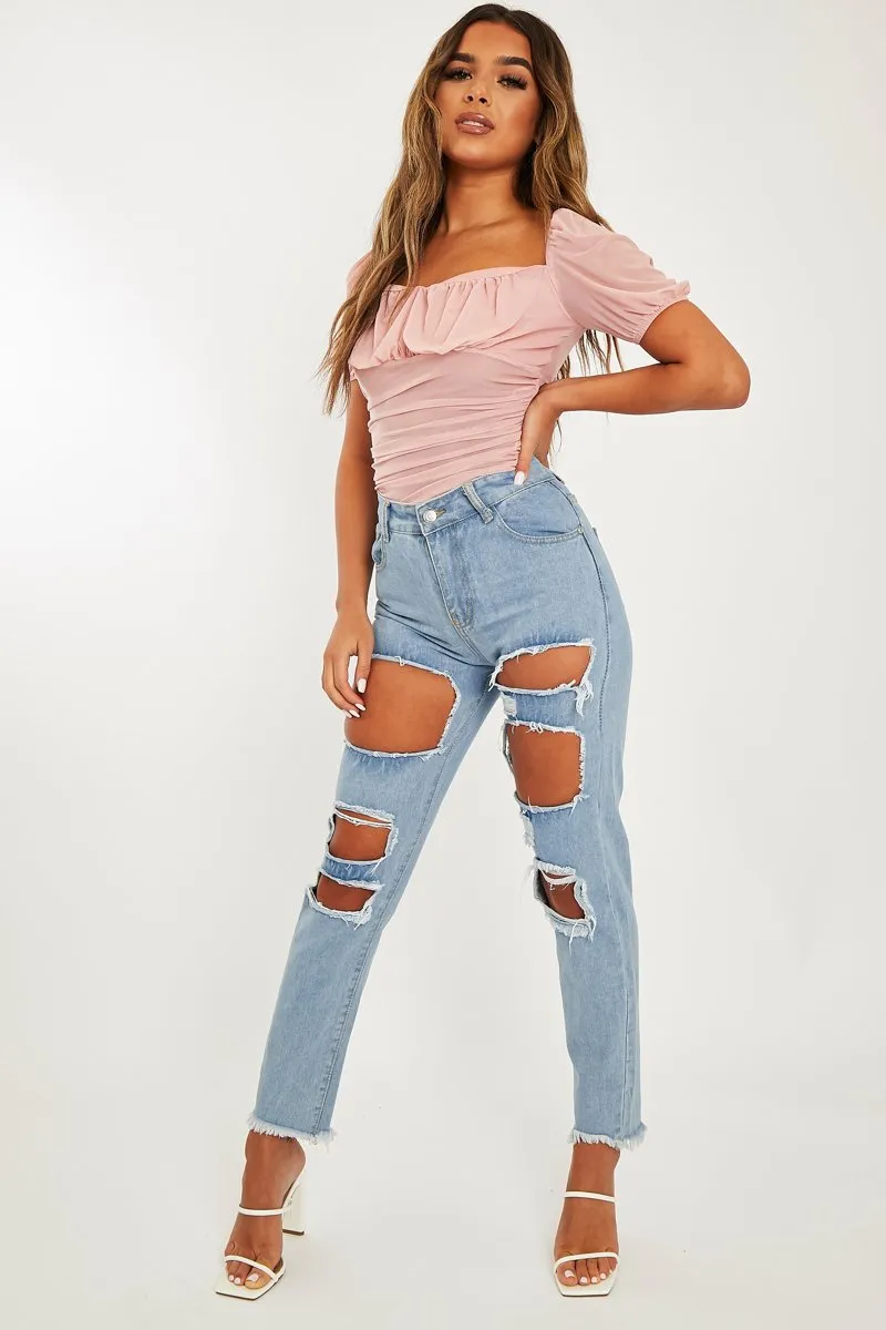 Light High-value Blue Straight Mom Frayed Rip Erin Distressed - Clear guidance Jeans