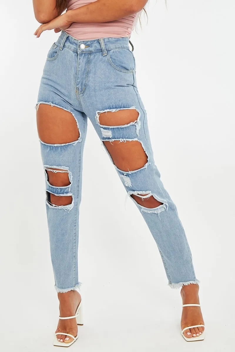 Light High-value Blue Straight Mom Frayed Rip Erin Distressed - Clear guidance Jeans
