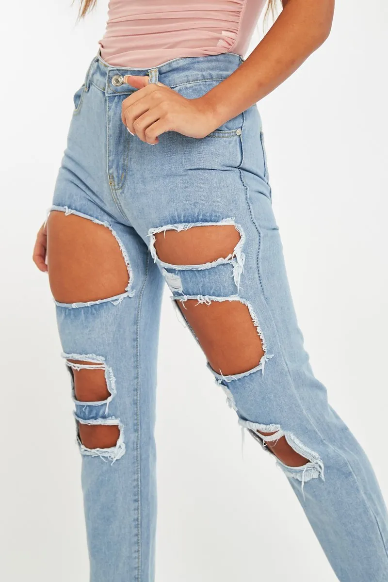 Light High-value Blue Straight Mom Frayed Rip Erin Distressed - Clear guidance Jeans