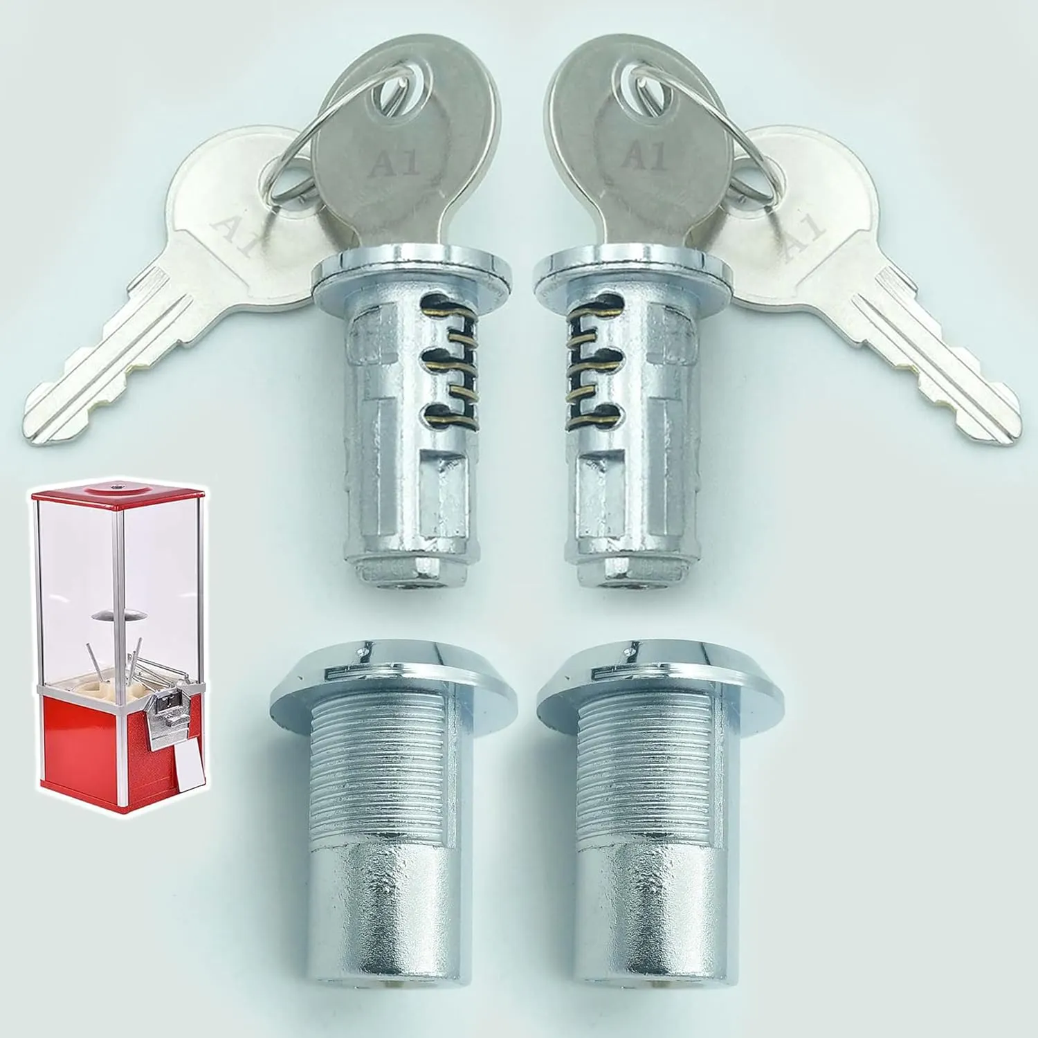 Lock and Key for Northwestern Machine - Gumball Top Lid Flat Key for NW, SAM 25, Eagle, Oak, A&A, KOMET Vending - Replacement Capsule Lock 1/4" Thread (2pc)