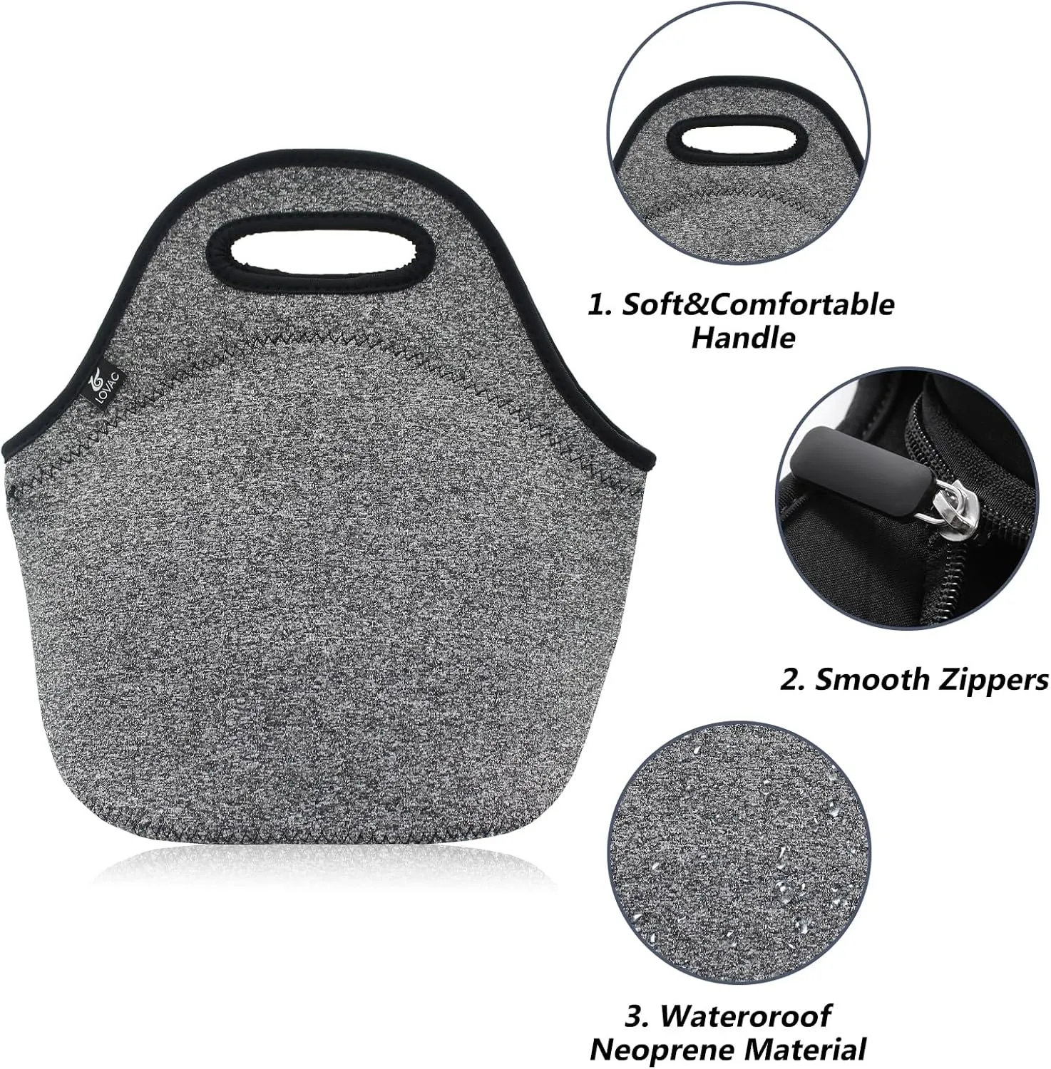 LOVAC Insulated Neoprene Lunch Bag for Men,Reusable Lunch Tote,Durable and Waterproof Lunch Bags,Soft and Lightweight (Black-Grey)