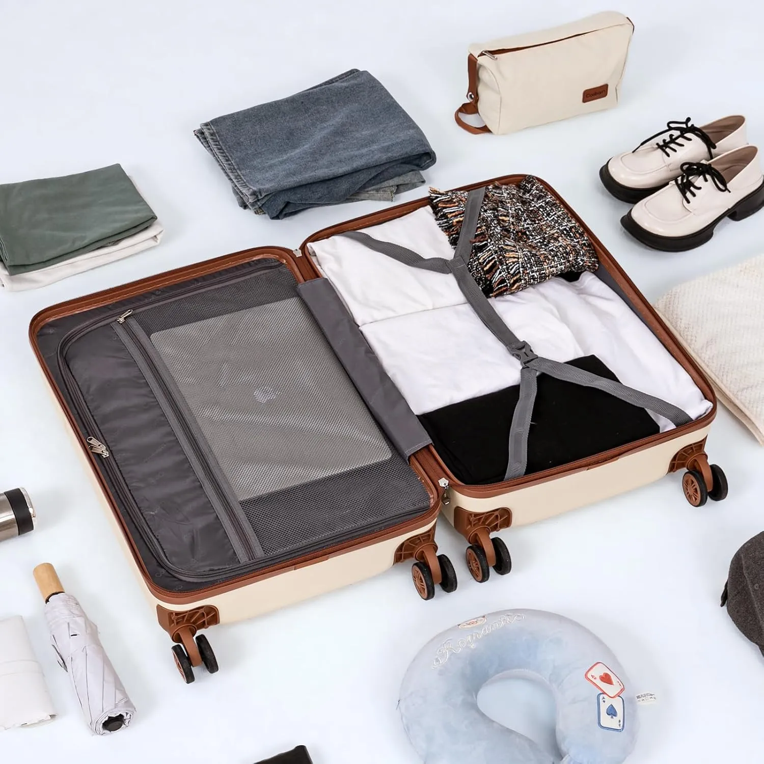 Luggage Sets 5 Piece Suitcases with Wheels, Suitcase Set ABS Hard Case Luggage with TSA Lock Spinner Wheels Durable Travel Luggage(Beige, 5-Piece Set(20"/24"/28"))