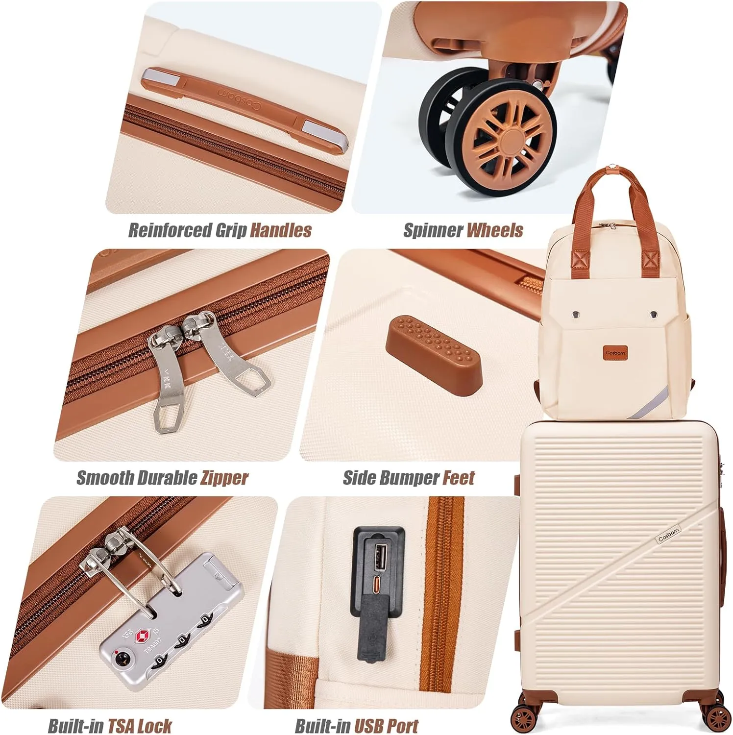 Luggage Sets 5 Piece Suitcases with Wheels, Suitcase Set ABS Hard Case Luggage with TSA Lock Spinner Wheels Durable Travel Luggage(Beige, 5-Piece Set(20"/24"/28"))
