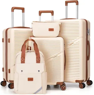 Luggage Sets 5 Piece Suitcases with Wheels, Suitcase Set ABS Hard Case Luggage with TSA Lock Spinner Wheels Durable Travel Luggage(Beige, 5-Piece Set(20"/24"/28"))