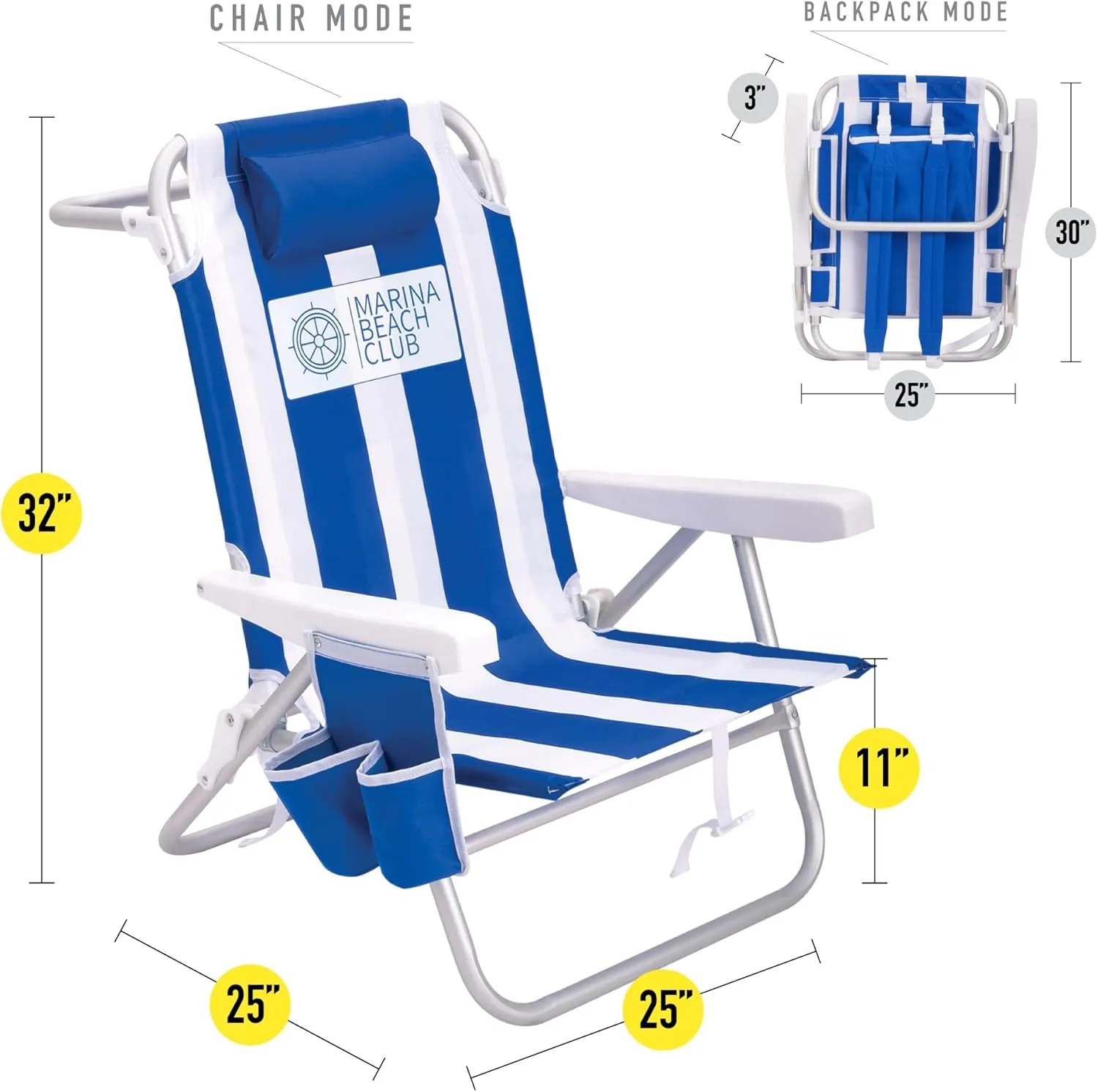 Luxury Sturdy Extra Comfort Backpack Beach Chair/Bundle of 2 Units (Blue White Stripes)