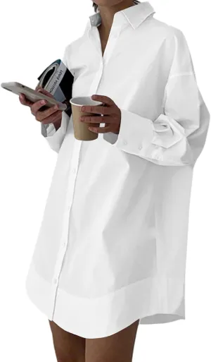 LYANER Women's Casual Shirt Dress Collar V Neck Button Down Loose Long Sleeve Mini Dresses