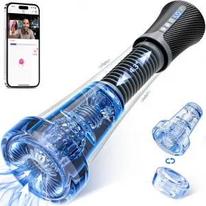Male Masturbator Penis Pump Enlarger, Transparent Visual Male Sex Toys for Men, APP Control Vibrating Spring & Vacuum Suction with 2 Replaceable Sleeves for Masturbation & Penis Glans Trainer Sex Toy
