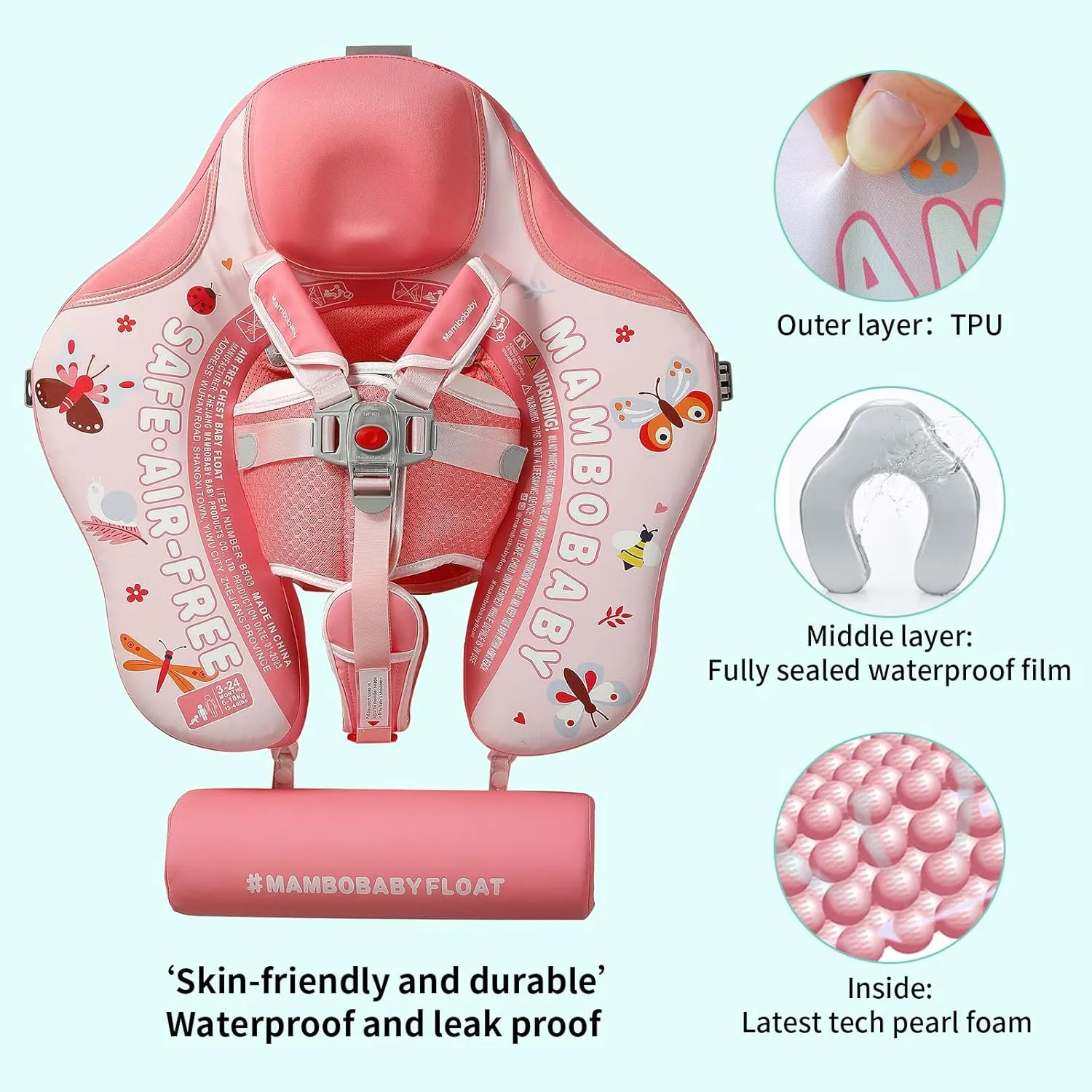 Mambobaby Float Add Tail No Flip Over Non-Inflatable Baby Swim Float Pearl Foam Solid Water Floats Smart Swim Trainer Infant Pool Float Swim Ring with Sun Canopy